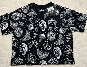 Bad Monday Women’s Size 12 Black Flash Tattoo Graphic Crop T Shirt NWT